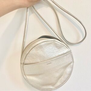 Leather baggu circle In platinum color - long shoulder bag soft leather